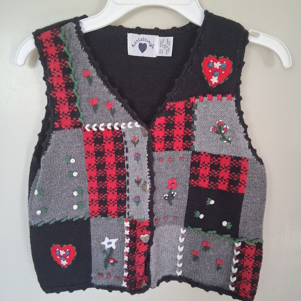 VNTG Hartstrings Patchwork Knit Sweater Vest Girls 6X Cottagecore Holiday Plaid